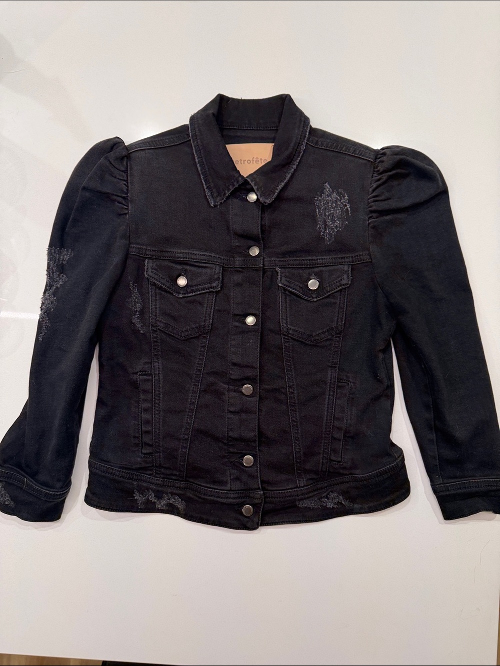 Retrofete NWOT Ada Faded Black Puff Sleeve Denim Jacket Size XS